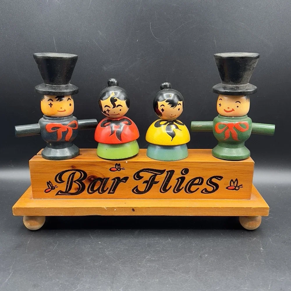 VTG Barware Wooden 'Bar Flies' Bar Caddy w/4 Tools 10